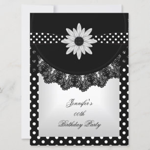 Invitación Elegante Polka Dot Black White Lace Flor