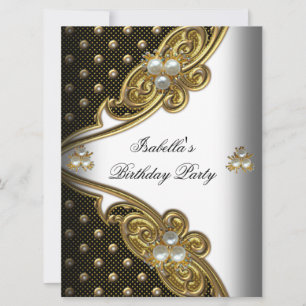 Invitación Elegante Polka Dots White Black Gold Fiesta