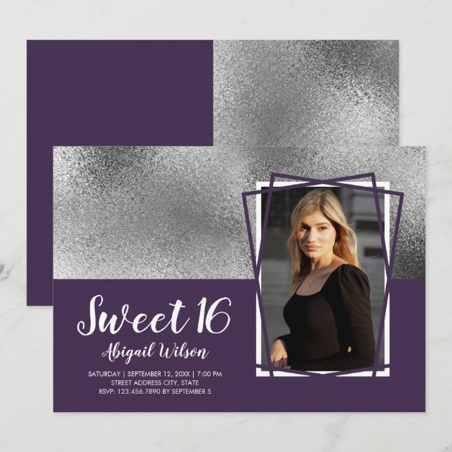 Invitación Elegante pollo de plata morado dulce de dieciséis  (Anverso / Reverso)
