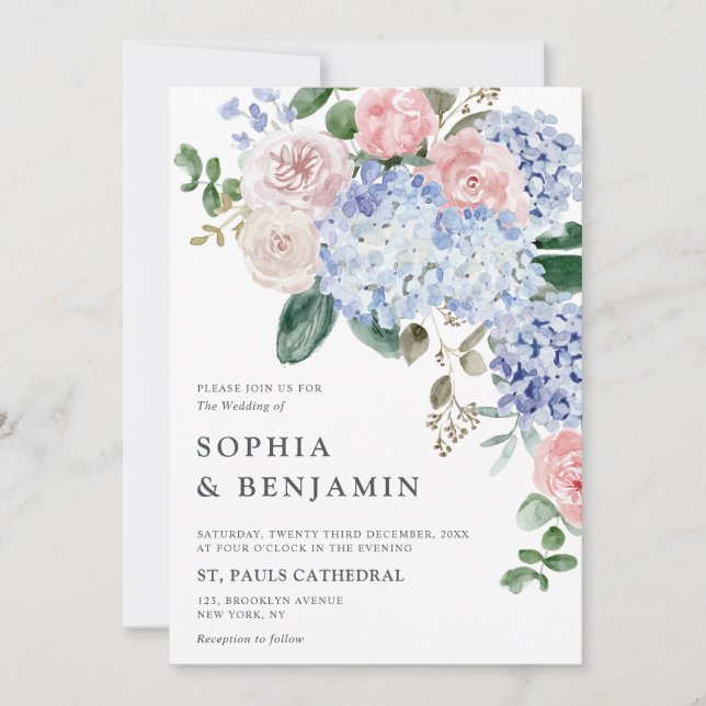 Invitación Elegante Polvo Azul Rosa Hidrangea Boda formal (Anverso)