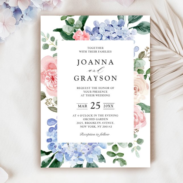 Invitación Elegante Polvo Azul Rosa Hidrangea Boda formal (Dusty Blue Pastel Pink hydrangeas Wedding invitation.)