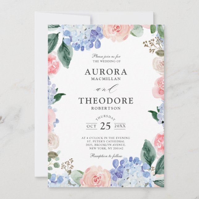 Invitación Elegante Polvo Azul Rosa Hidrangea Boda formal (Anverso)