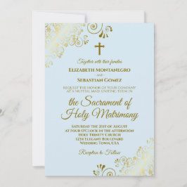 Invitación Elegante Polvo Azul y Oro Boda Católico Moderno