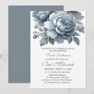 Invitación Elegante Polvo Floral de Peonía Azul Bat Mitzvah