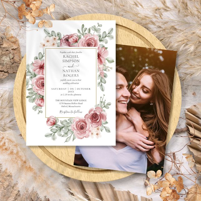 Invitación Elegante polvo floral rosa dorado foto de boda (Elegant Floral Dusty Rose Gold Wedding Photo Invitation)