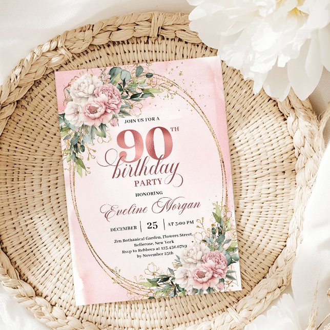 Invitación Elegante Polvo Rosa Oro Verde Cumpleaños 90  (Elegant Dusty Pink Gold Greenery 90th Birthday Invitation

)