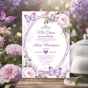 Invitación Elegante Polvo Violeta Floral Mariposa Mis Quince