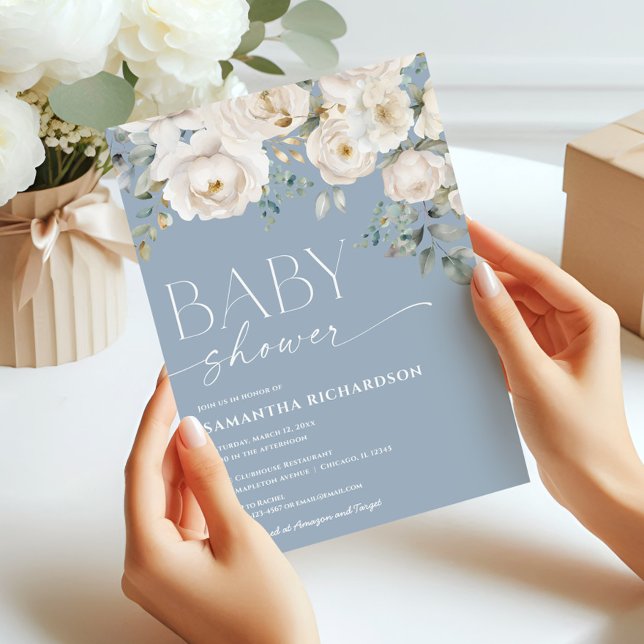 Invitación Elegante polvoriento azul blanco floral bebé ducha (Subido por el creador)