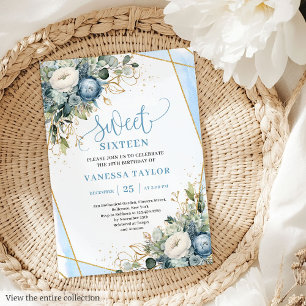 Invitación Elegante polvoriento azul dorado floral dulce 16 i