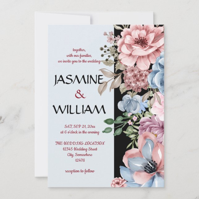 Invitación Elegante polvoriento azul polvoriento rosa floral (Anverso)