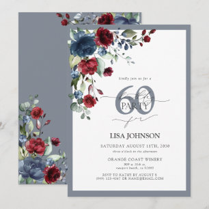 Invitación Elegante Polvoriento Azul y Burdeos Floral 60 Cump