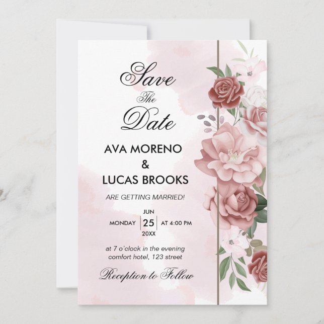 Invitación Elegante Polvoriento Rosa Floral Rosa Verde Salvia (Anverso)