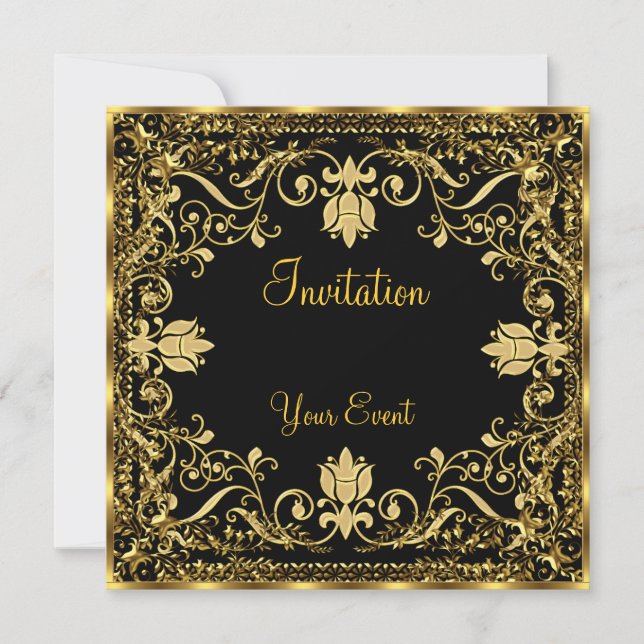 Invitación elegante popular negra y dorada (Anverso)