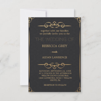 Invitación Elegante Popular Negro Dorado Falso Hoja Guion Bod