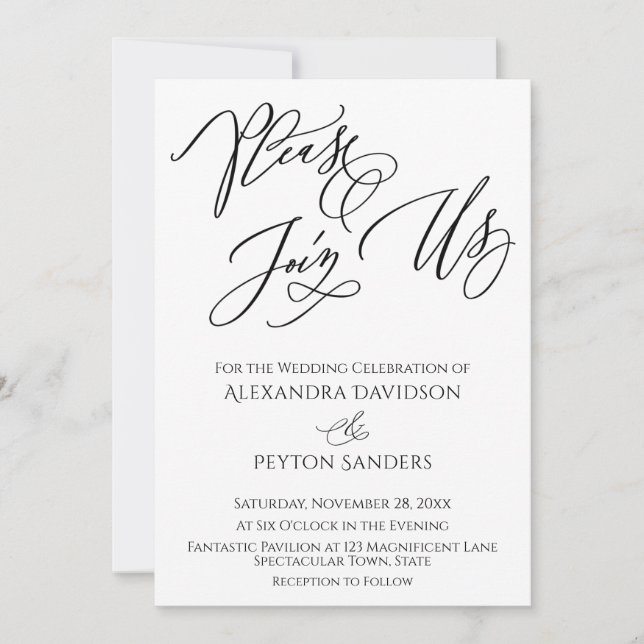 Invitación Elegante "Por favor, únase a nosotros" Boda blanco (Anverso)