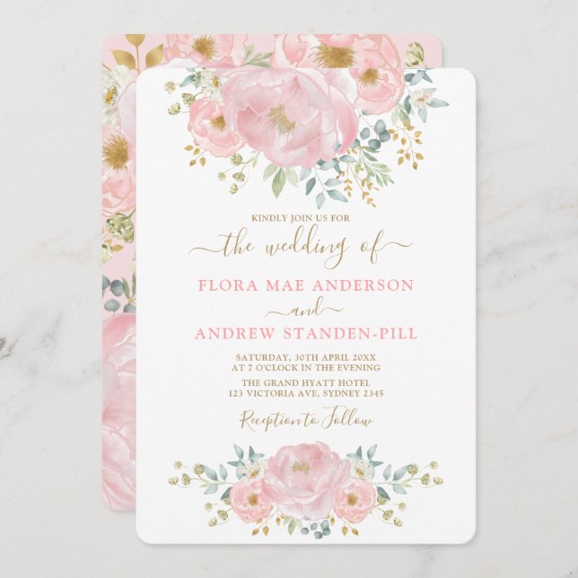 Invitación Elegante pozo floral rosa suave + Boda verde (Anverso / Reverso)