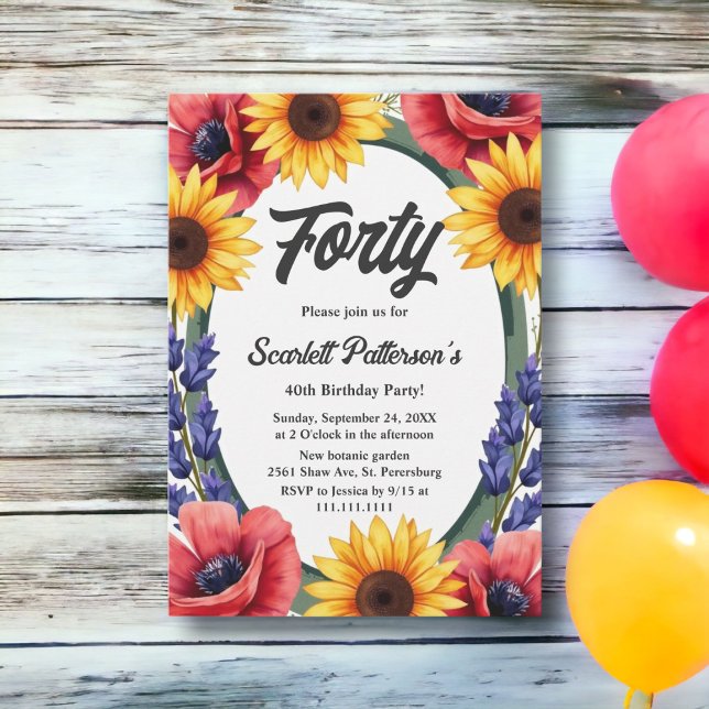 Invitación Elegante prado rústico verano floral 40 cumpleaños (Subido por el creador)
