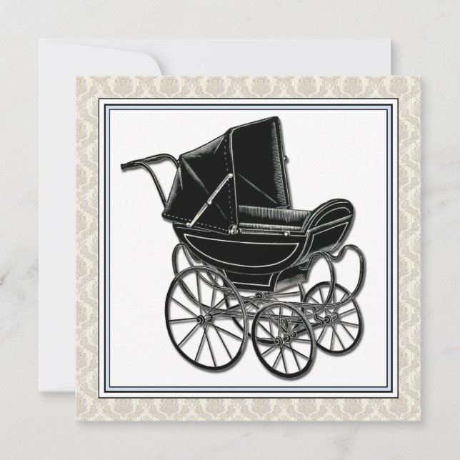 Invitación Elegante Pram Beige Damask Baby Shower (Anverso)