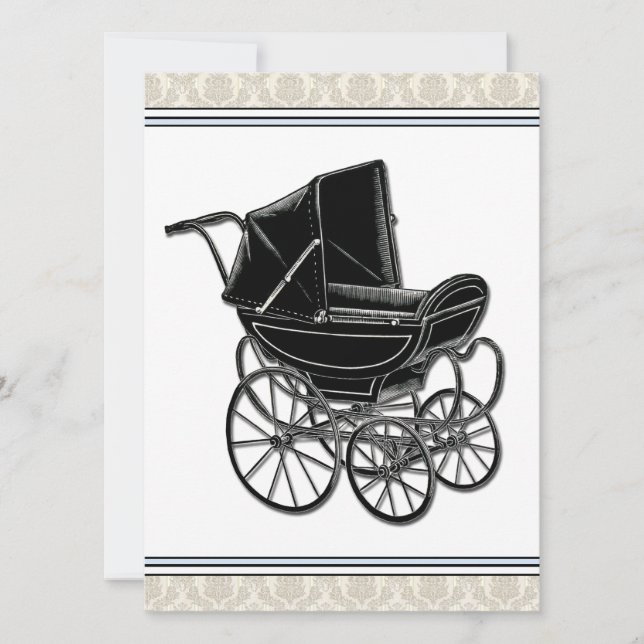 Invitación Elegante Pram Beige Damask Baby Shower (Anverso)