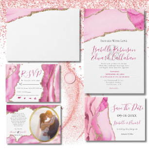 Invitación Elegante presupuesto rosa y oro Piedra de ágata Bo