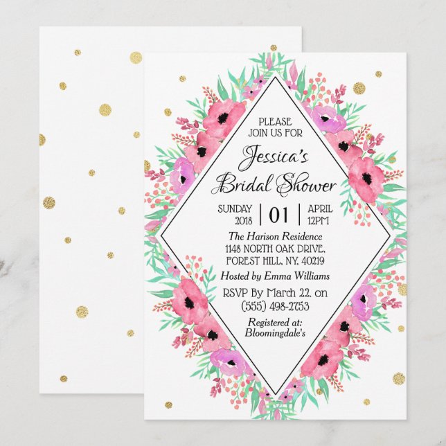 Invitación Elegante Primavera acuarela Floral Bridal Shower (Anverso / Reverso)