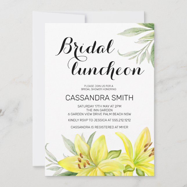 Invitación Elegante Primavera Amarillo Lily Floral Bridal Lun (Anverso)