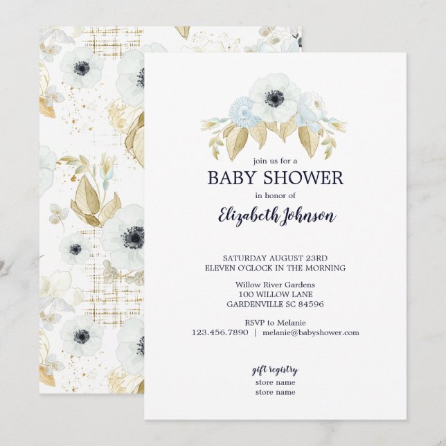 Invitación Elegante Primavera Azul y Baby Shower Floral Blanc (Anverso / Reverso)