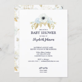 Invitación Elegante Primavera Azul y Baby Shower Floral Blanc