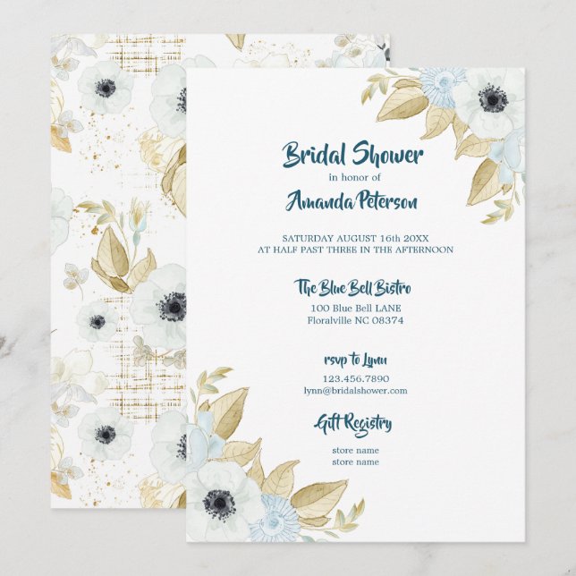Invitación Elegante Primavera Azul y Floral Floral Bridal Sho (Anverso / Reverso)