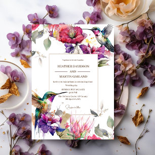 Invitación Elegante Primavera Morado Flor Floral Aves Boda