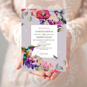 Invitación Elegante Primavera Morado Flor Floral Aves Boda