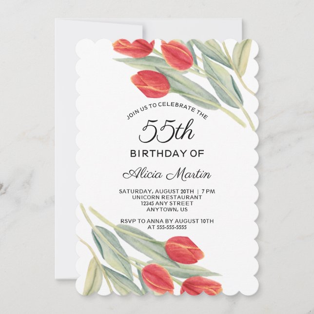 Invitación Elegante Primavera Red Tulip Flora 55º cumpleaños (Anverso)