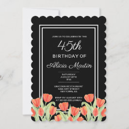 Invitación Elegante Primavera Red Tulip Flora Negro 45 cumple