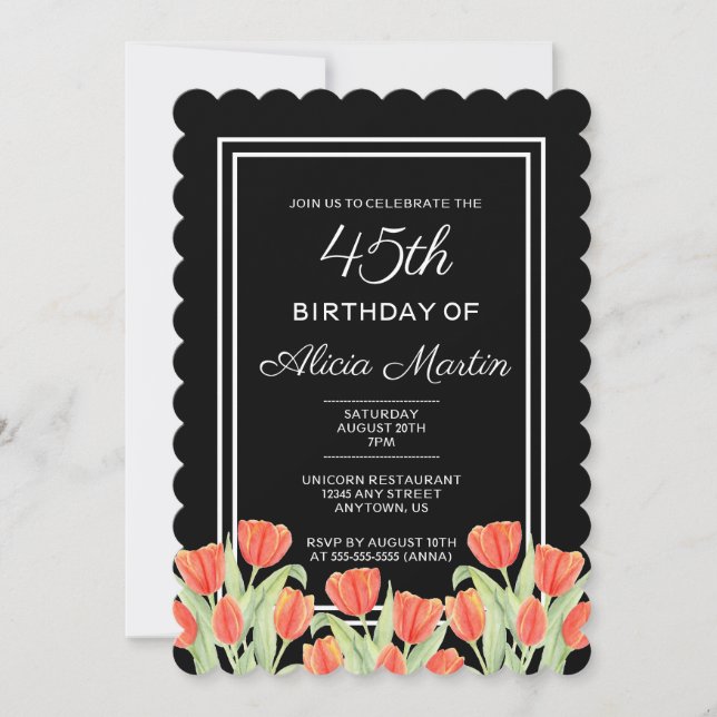 Invitación Elegante Primavera Red Tulip Flora Negro 45 cumple (Anverso)