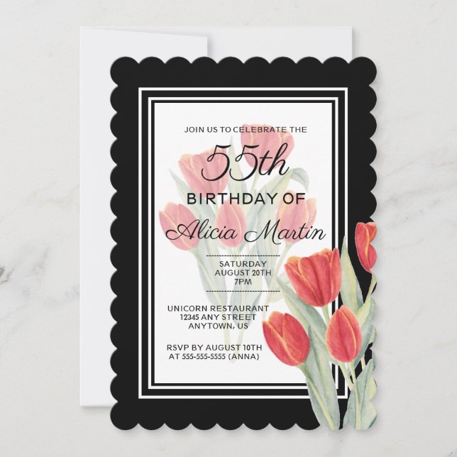 Invitación Elegante Primavera Red Tulip Flora Negro 55º cumpl (Anverso)