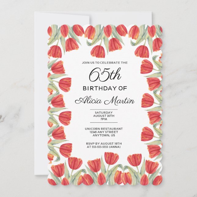 Invitación Elegante Primavera Rojo Tulipán Flor 65º cumpleaño (Anverso)