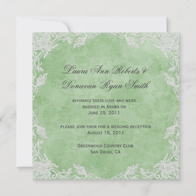 Invitación Elegante Primavera Verde Blanco Damasco tras boda (Anverso)