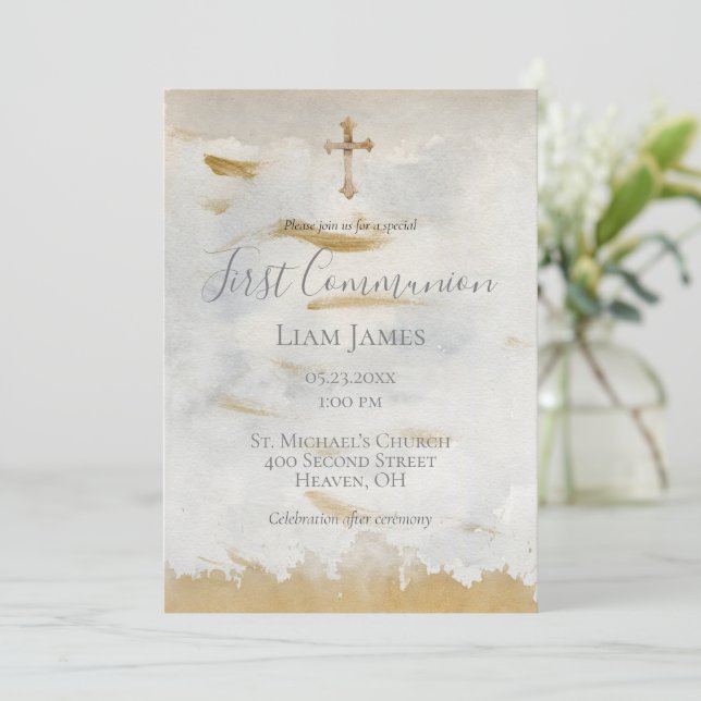 Invitación Elegante Primer Comunión Oro Vintage Religioso (Anverso de pie)