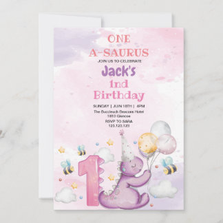 Invitación Elegante primer dinosaurio y abeja púrpura de cump