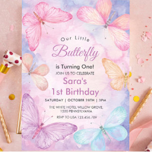 Invitación Elegante primer Fiesta de mariposa de cumpleaños