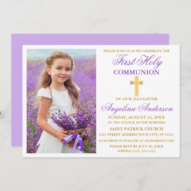 Invitación Elegante Primer Oro Violeta de la Fotografía De La (Anverso / Reverso)