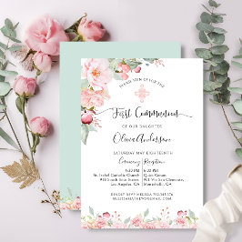 Invitación Elegante Primer Rosa de Comunión, Mint Floral