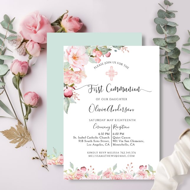 Invitación Elegante Primer Rosa de Comunión, Mint Floral (Subido por el creador)