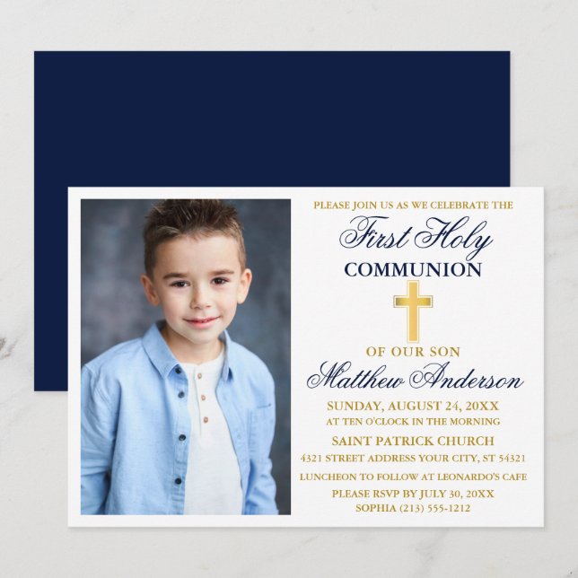 Invitación Elegante Primer Santo Comunión Foto Oro Azul (Anverso / Reverso)