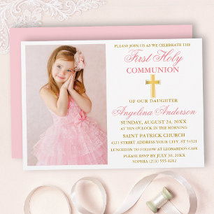 Invitación Elegante Primer Santo Comunión Foto Oro Rosa