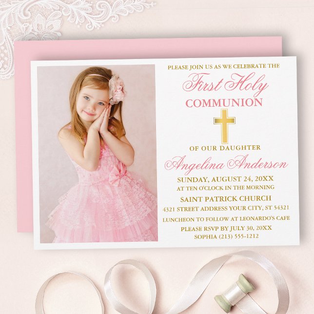 Invitación Elegante Primer Santo Comunión Foto Oro Rosa (Customize to change text color,  size, style or to change color of back of card.)