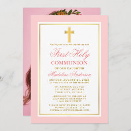 Invitación Elegante Primer Santo Comunión Foto Oro Rosa