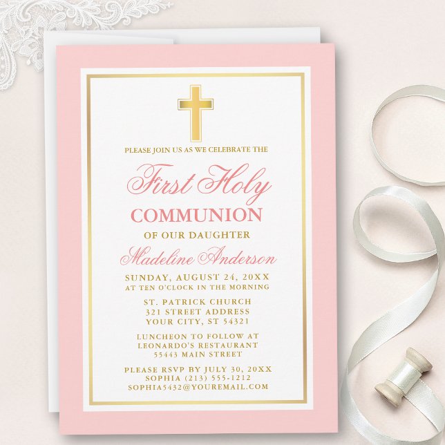 Invitación Elegante Primer Santo Comunión Oro Rosa (Customize to change text size, style, color or to add more text or photos to back of card.)