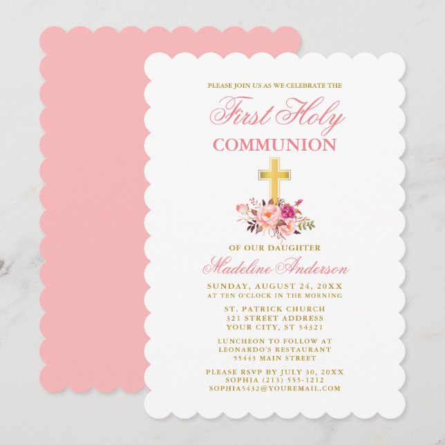 Invitación Elegante Primera Comunión acuarela Floral Rosa (Anverso / Reverso)