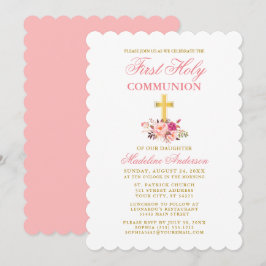 Invitación Elegante Primera Comunión acuarela Floral Rosa